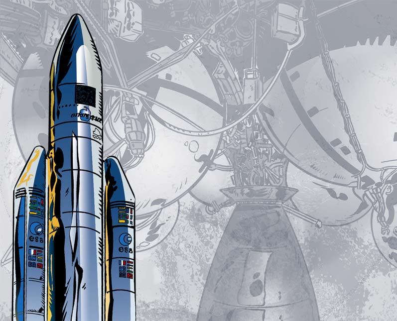 La belle fusée Ariane avec en fond un dessin de ses puissants moteurs. Un dessin scientifique avec un style bande dessinée.