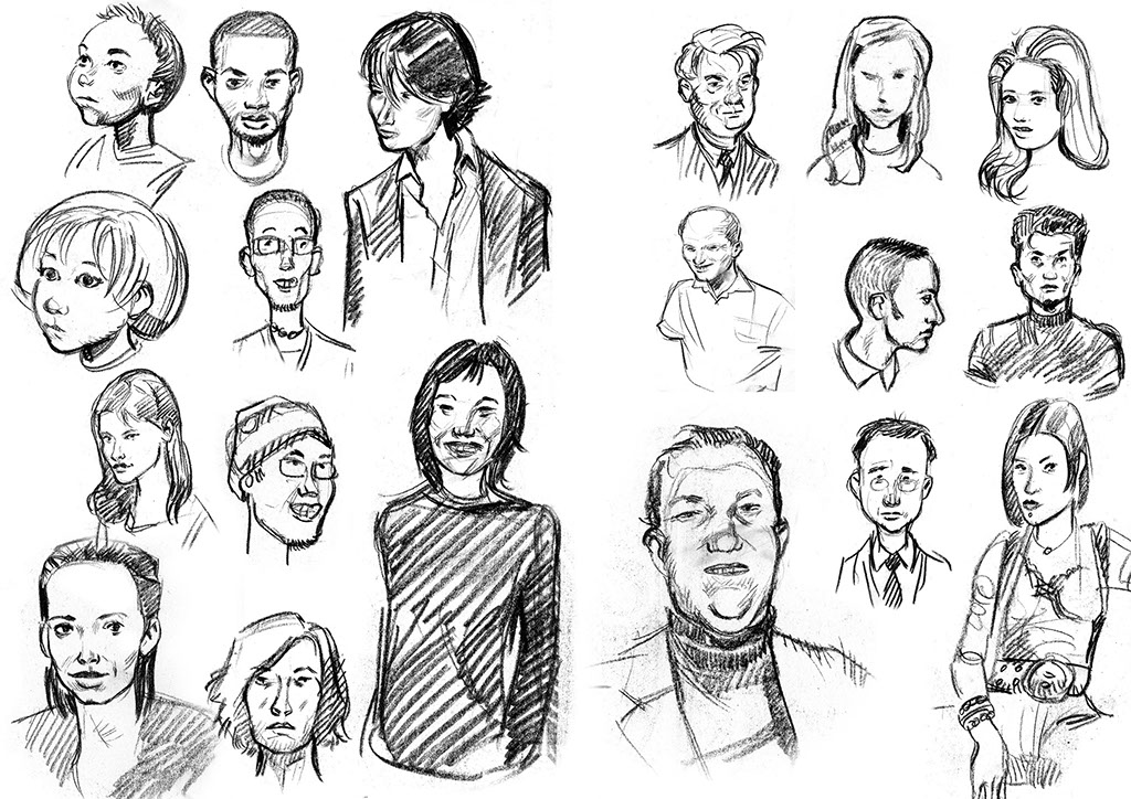 Une planche de recherche en croquis de différents personnages. D'après des photos.